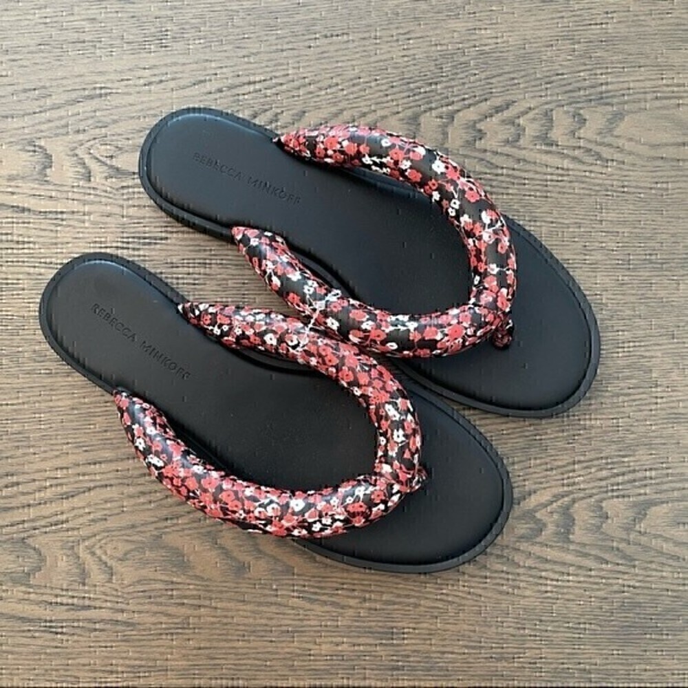 Black Flip Flop Sandals with Pink Floral Rope Straps - Picture 3 of 6